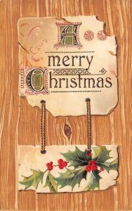 Holiday  MERRY CHRISTMAS  Image of Torn/Distressed Greeting  HOLLY 1908 Postcard