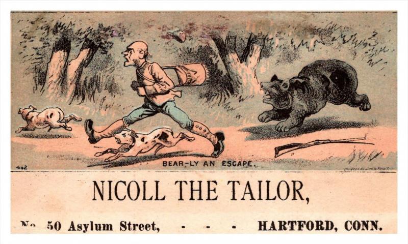 13123   Trade Card   bear chasing hunter   CT  Hartford  Nicoll the Tailor