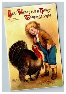 Vintage 1909 International Art Thanksgiving Postcard Boy Feeds Large Turkey