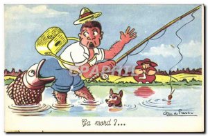 Old Postcard Fishing Fisherman It biting? fish Dog