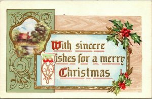 VTG 1910's Cottage Cabin Lake Holly Leaves Gold Trim Merry Christmas Postcard