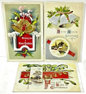 Vintage Postcard Lot (3) Early 1900s Christmas Bells New Years