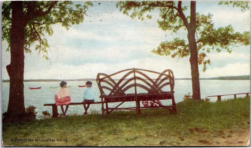 Benches, Scenes of the Mississippi Valley, Boats Vintage Postcard K05 