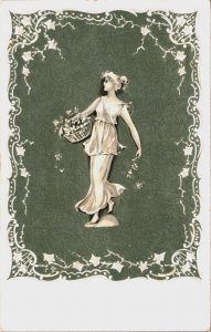 Art Nouveau Woman with a Flower Basket Vintage Postcard C208