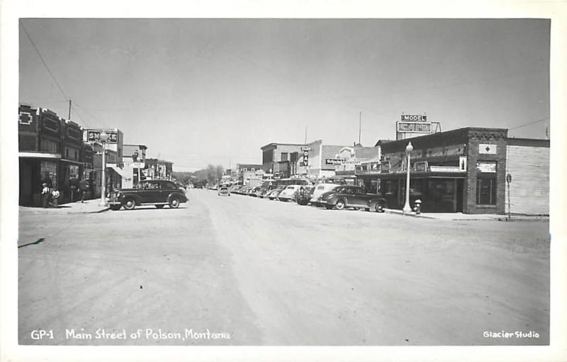 RPPC POLSON, Montana MT MAIN STREET Scene 1940s Cars Photo Postcard