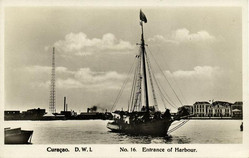 curacao, D.W.I., WILLEMSTAD, Entrance of Harbour, Sailing Ship (1920s) RPPC 16