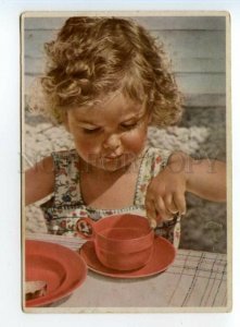 491268 KINDERGARTEN Girl Breakfast TEA Cup Vintage postcard