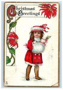 Christmas Greetings Little Girl Warmer Winter Poinsettia Flowers Tuck's Postcard