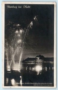 RPPC  HAMBURG, GERMANY bei Nacht ~ Fireworks STADTHALLE Restaurant 1929 Postcard