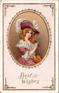 Postcard Greetings Best Wishes Woman in fancy hat dress Samson Bro