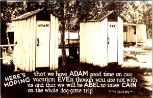 RPPC, Humor ADAM~EVE~CAIN~ABEL VACATION POEM Outhouses 1938 Real Photo Postcard
