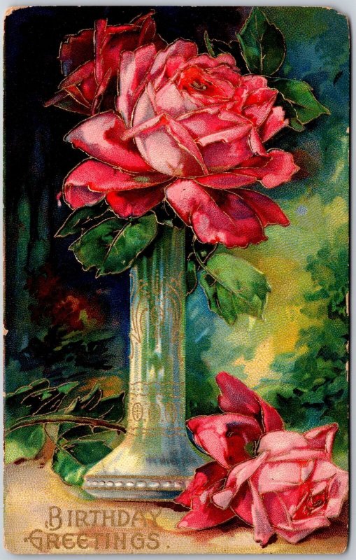 1909 Birthday Greetings Flower Roses in Vase Wishes Card Posted  Postcard 