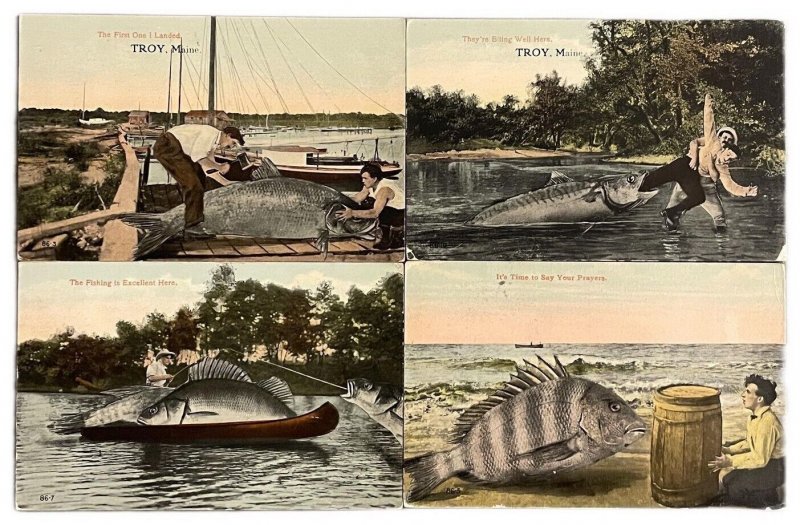 Fishing exaggeration monster freak fishes Troy Maine by J. Herman 1913 postcards 