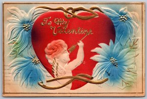 Vtg To My Valentine Greeting Heavy Embossed Red Heart Cupid Gold Gilt Postcard