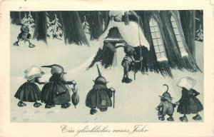 New Year 1929 greetings fantasy postcard dwarfs gnomes Germany