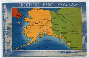 Greetings From Alaska Map Linen postcard