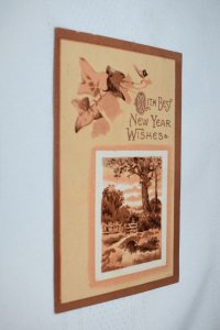 With Best New Year Wishes Postcard Fall Scene in Sepia Tones