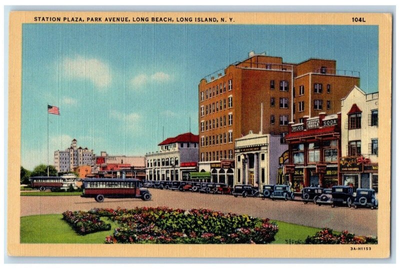 Station Plaza Park Avenue Drugstore Cars Long Beach Long Island NY Postcard