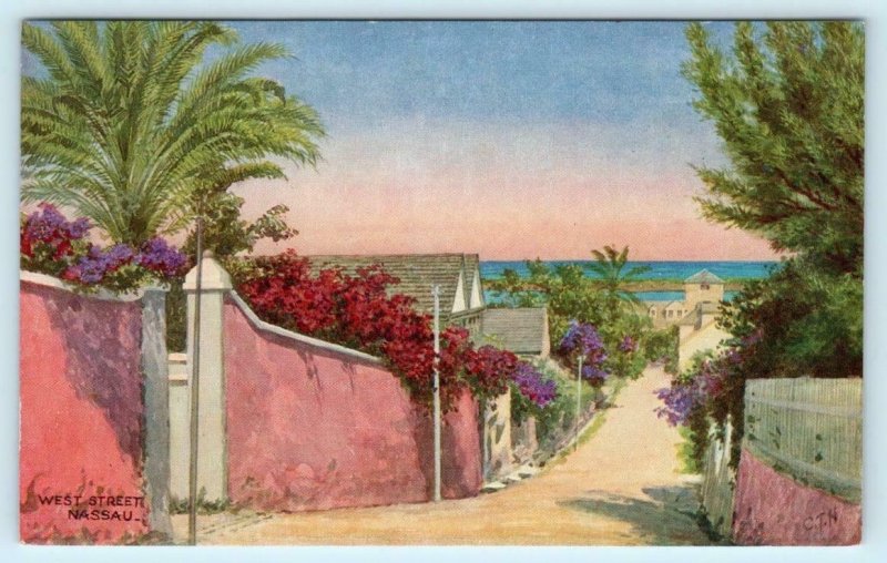 NASSAU, BAHAMAS ~ Artist View WEST STREET Scene - Salmon Postcard