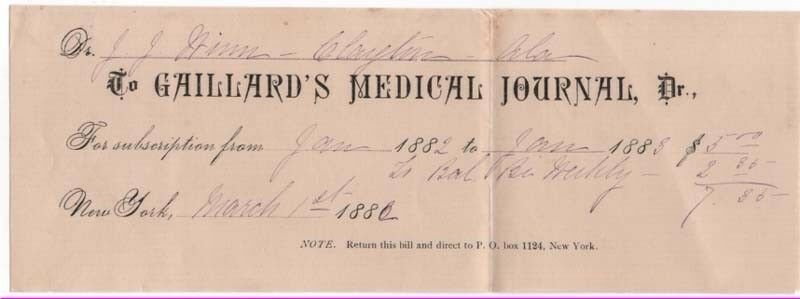 1882 Subscription and Letter, GAILLARD'S MEDICAL JOURNAL,  New York