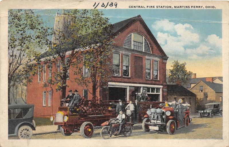 E81/ Martins Ferry Ohio Postcard 1909 Central Fire Station Department Trucks 18