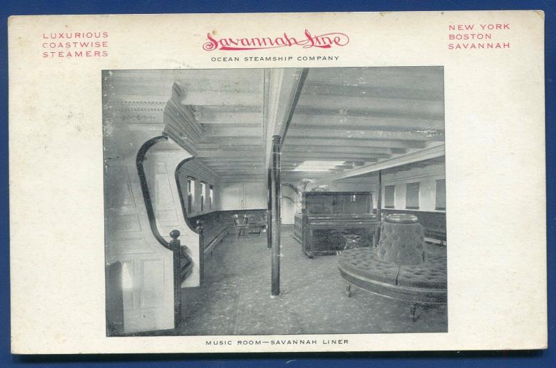 Savannah Line Ocean Steamship Co Music Room steamer 1908 postcard