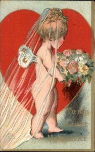 Valentine Little Girl Cupid Bride Fantasy Bridal Veil Wedding c1910 Postcard