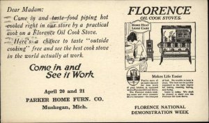 Muskegon MI Park Home Furniture Co Florence Oil Cook Stoves Postcard c1920
