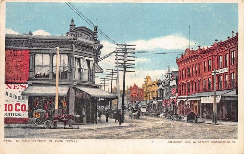 El Paso TX Street View Business Store Fronts Horse & Wagons Postcard