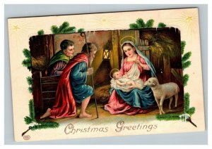 Vintage 1910's Christmas Postcard Wise Men Jesus Mary Lamb North Star Border