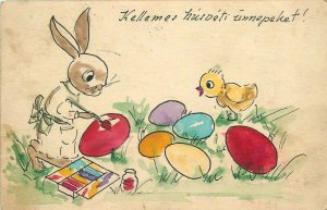 Drawn rabbit and chicken pencil Easter eggs 1956 greetings postcard Hungary