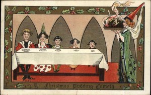 Elizabethan Woman in Elaborate Robes Serves Christmas Pudding c1910 Postcard