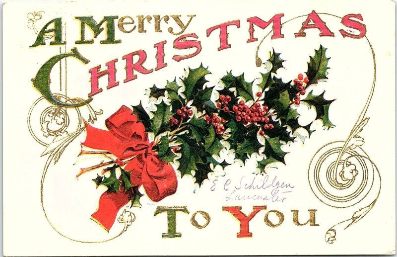 c1910 MERRY CHRISTMAS TO YOU HOLLY MAUSTON WISCONSIN EMBOSSED POSTCARD 41-161