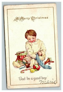 Vintage 1916 Christmas Postcard Boy Opening Presents Xmas Stocking