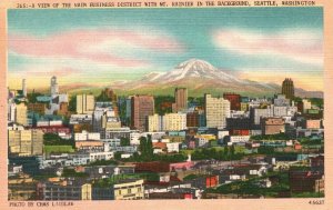 Vintage Postcard Main Business District With Mount Rainier Seattle Washington WA