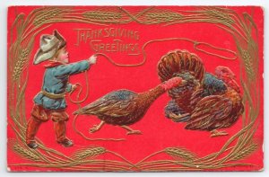 Thanksgiving Greeting Boy Roping Turkey Gold Gilt Postcard V21