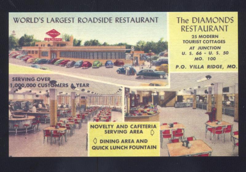 VILLA RIDGE MISSOURI HIGHWAY ROUTE 66 THE DIAMONDS RESTAURANT CARS POSTCARD