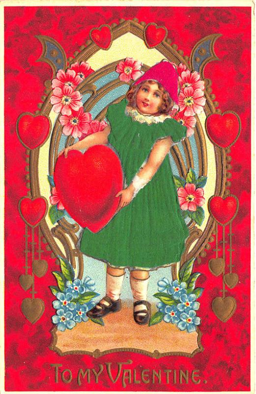 Silk Green Dressed Girl To My Valentine Embossed Postcard