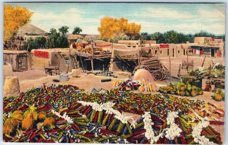 c1940s Santa Clara, NM Indian Pueblo Corn Town Harvest Linen PC Nr Espanola A329