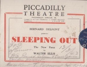 Sleeping Out Comedy Walter Ellis Picadilly Theatre London WW2 Wartime Programme
