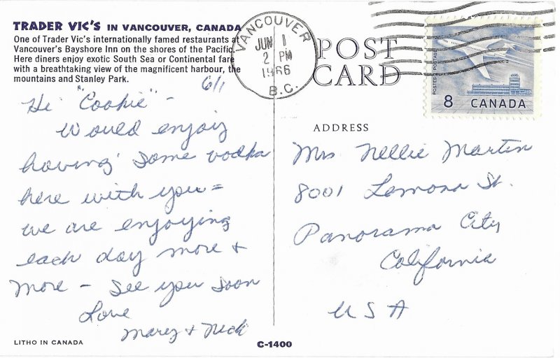 Trader Vic's Restaurant in Vancouver British Columbia Canada Mailed 1966