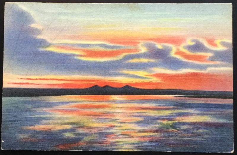 Linen Postcard Unused Sunset on the Rio Grande Extinct Volcano Peaks NM LB