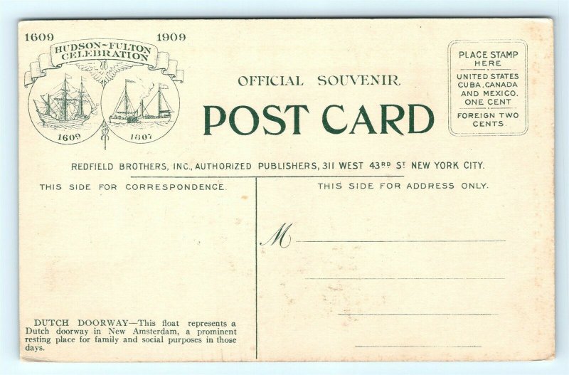 Postcard NY Hudson Fulton Celebration Commission Float Dutch Doorway 1909 R70