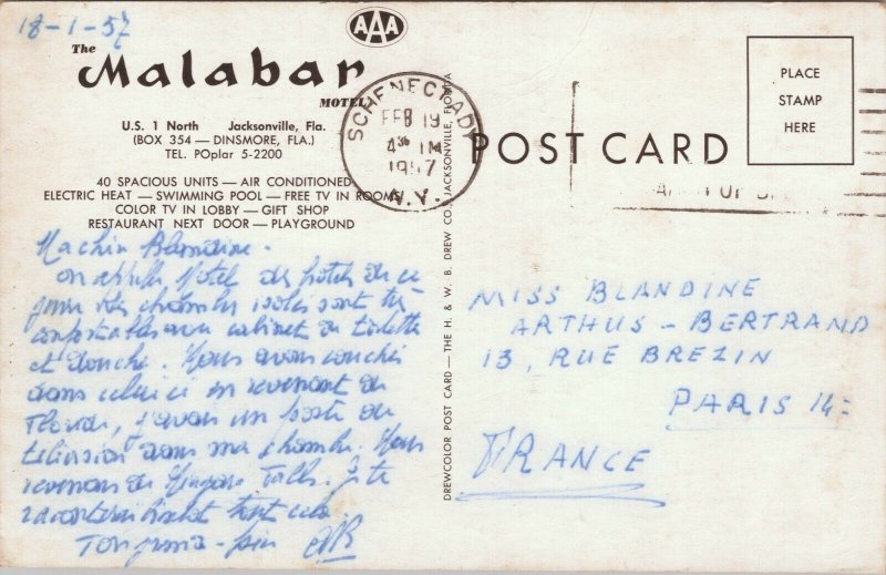 USA The Malabar Jacksonville Florida Chrome Postcard 03.47