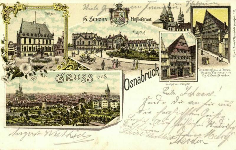 OSNABRÜCK, Mehrbildkarte, Bahnhof, Rathaus, Gasthof Walhalla (1898) Litho-AK