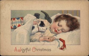 Christmas Children Girl Sleeping Dog Toys Stecher c1910s Postcard
