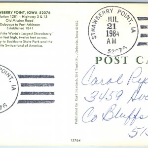 1984 Strawberry Point, IA Town Post Office Cancel Stamp USPO Postcard Iowa A177