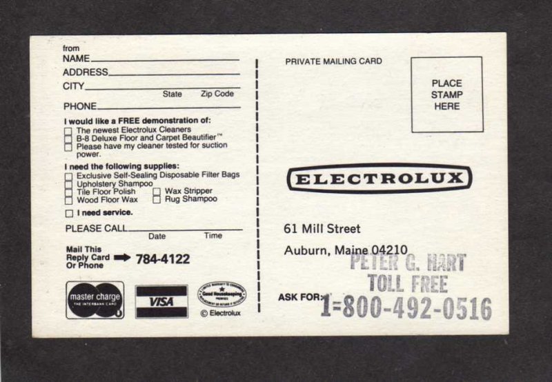 ME Electrolux Dealer Peter Hart Auburn Maine Vacuum Cleaner Advertising Postcard
