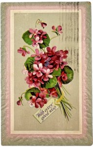 Antique Postcard PMK 1912 American Art Violets WITH EVERY GOOD WISH Embossed