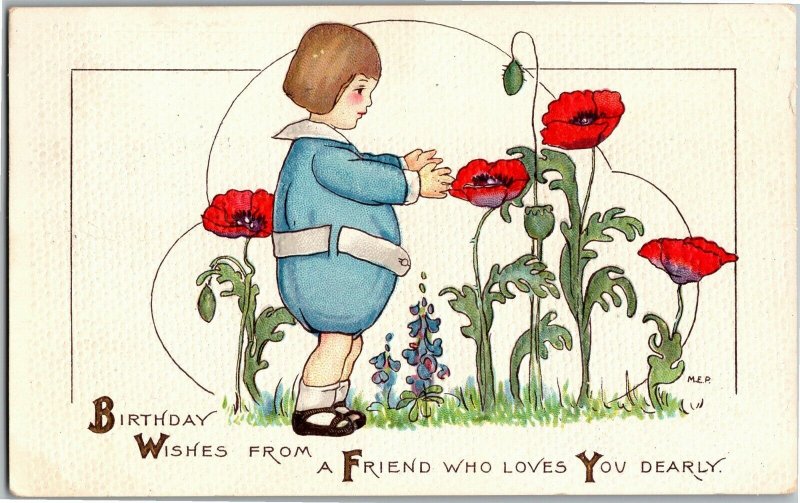 Birthday, Fat Little Boy in Blue with Poppies c1915 Margaret Price Postcard A02 